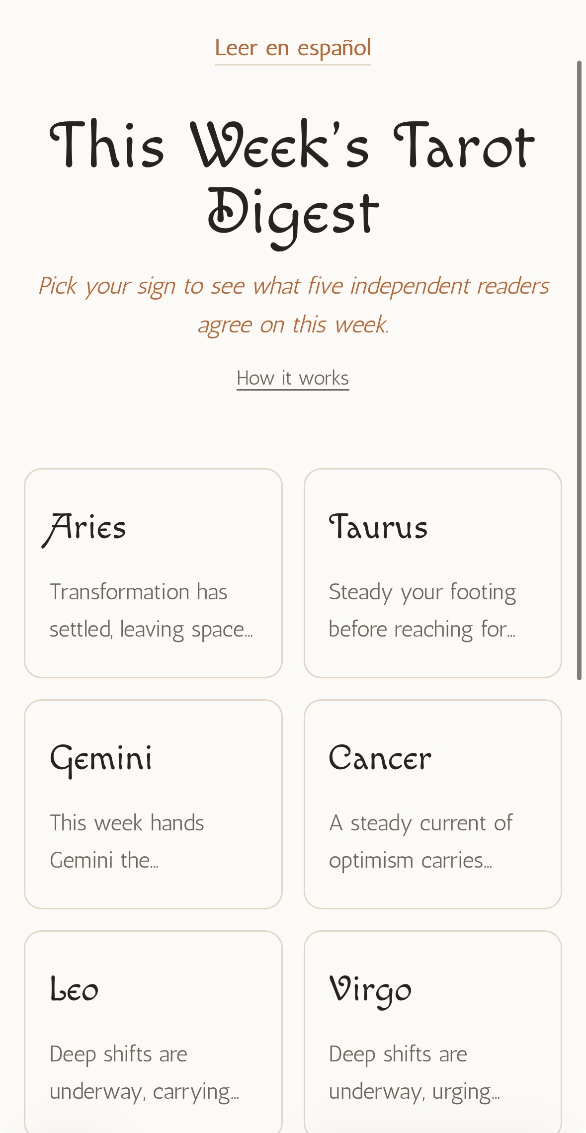 Screenshot of Weekly Tarot Digest