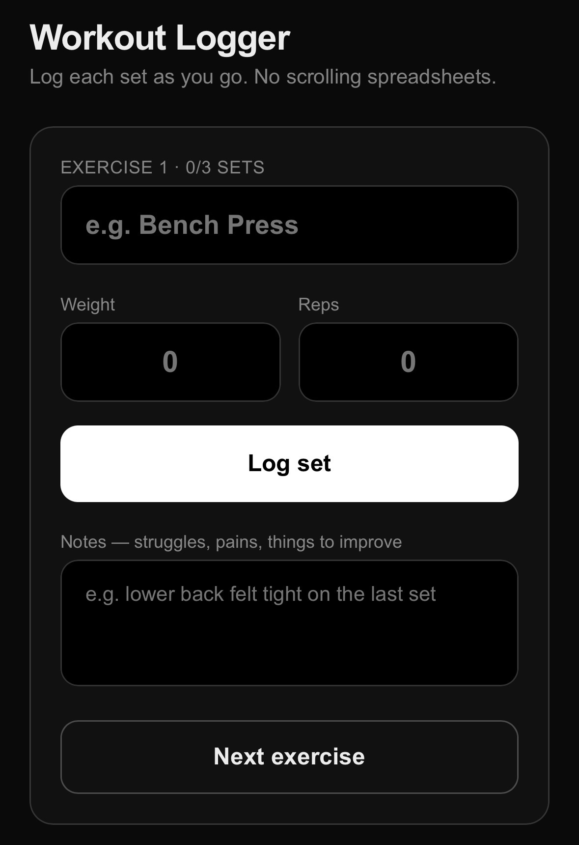 Screenshot of Workout Logger