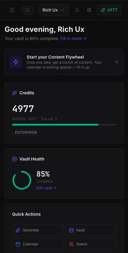 Zeakat dashboard: credits, vault health, quick actions
