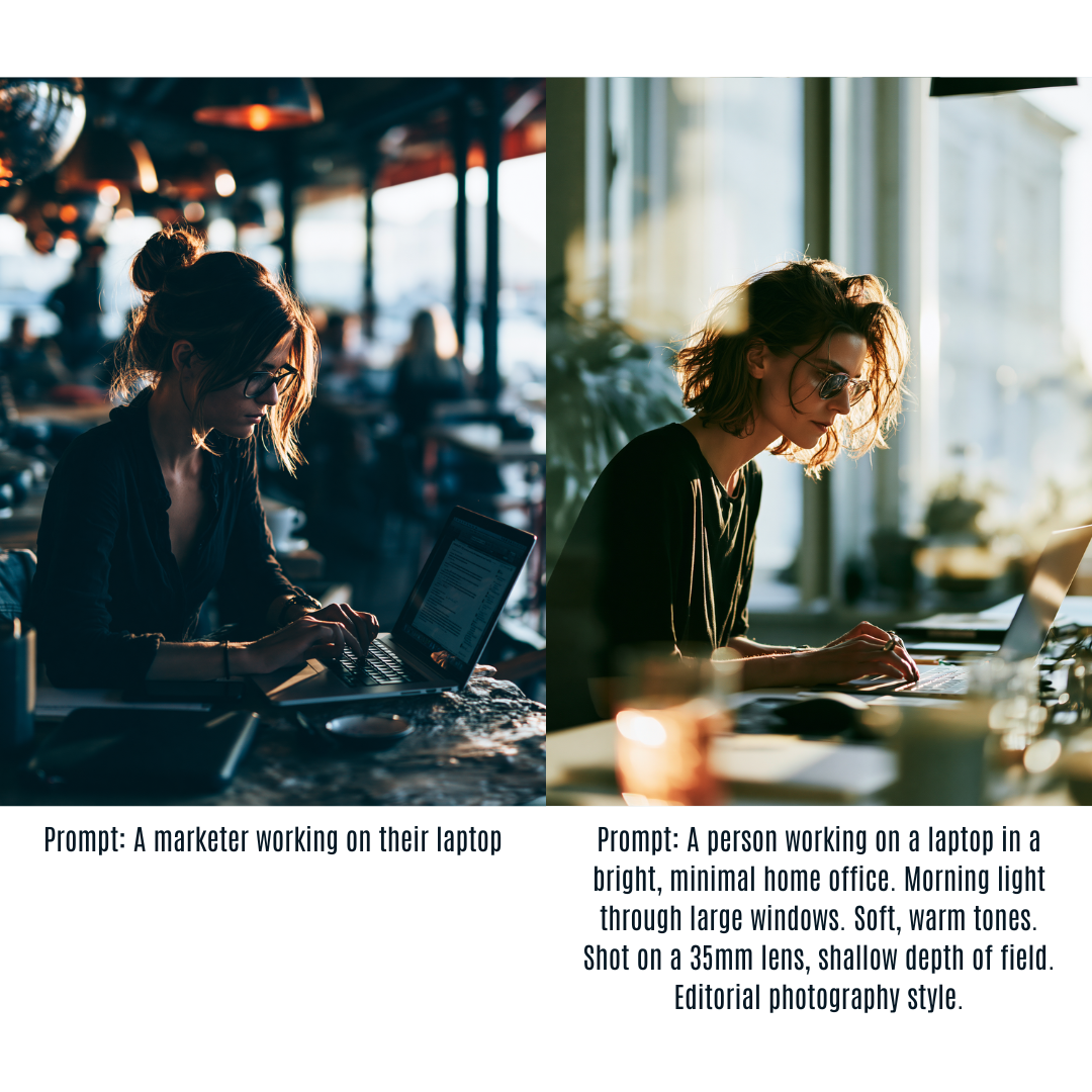 Side by side comparison or short prompt vs detailed prompt for AI image generation.