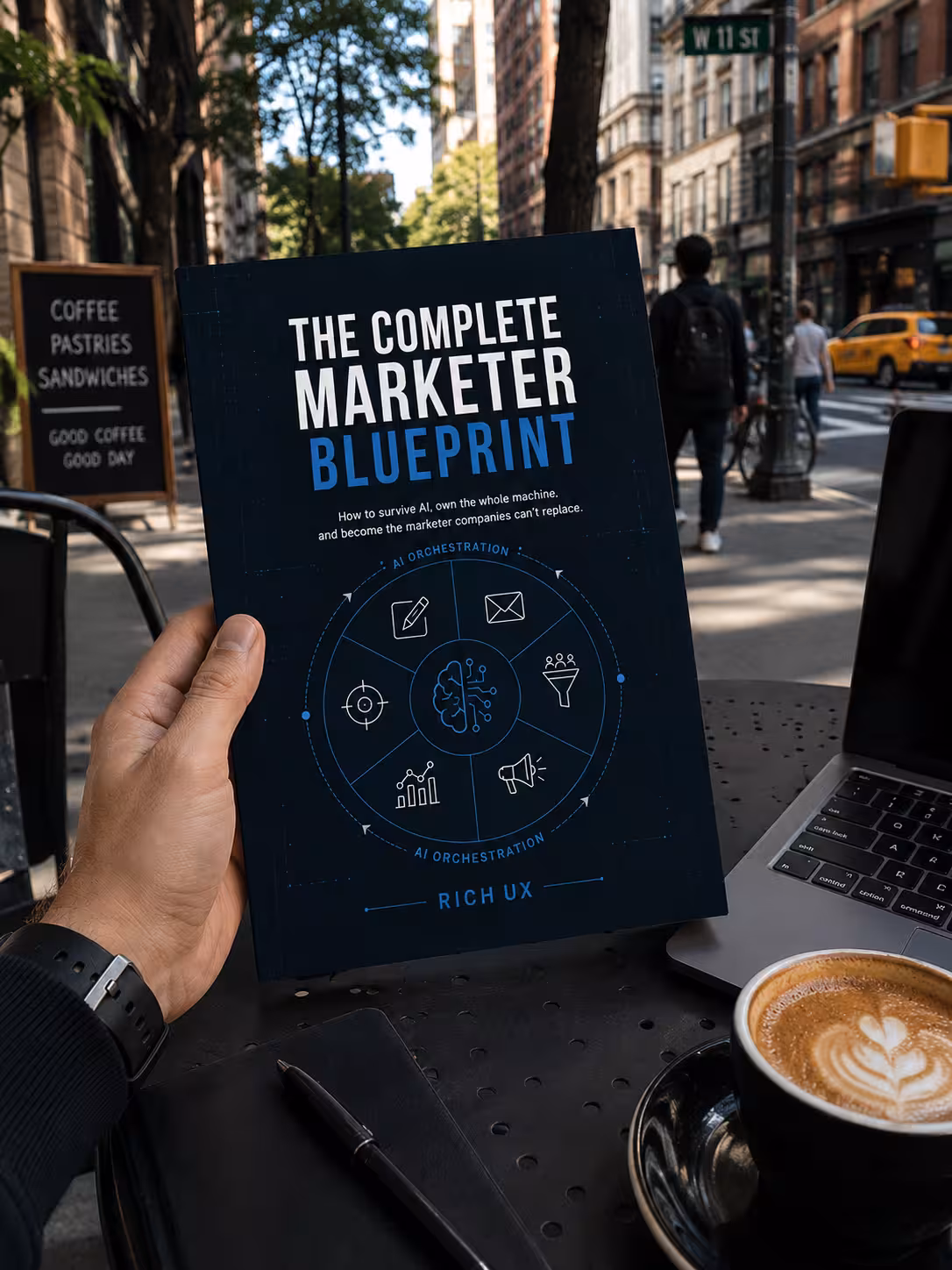 The Complete Marketer Blueprint book, held at a café on a New York street